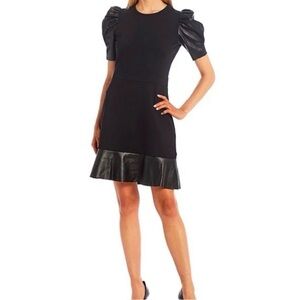 Michael Kors Black Puff Sleeve Mini Dress with Faux-Leather Trim